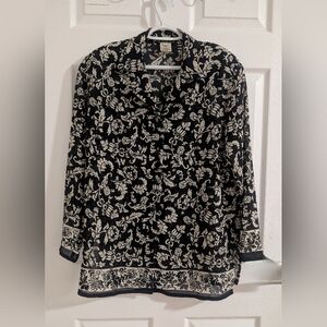 Vintage Rouïe Black Damask Chiffon Blouse - Made in Canada - SZ 6 * Fits L / XL